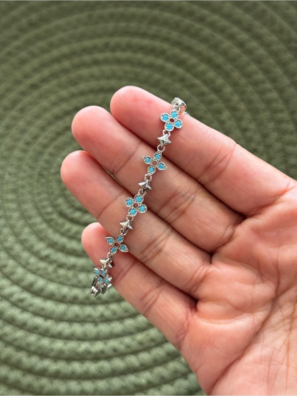 Silver Plated Bracelet with Turquoise Flower Accents - Women's Jewelry